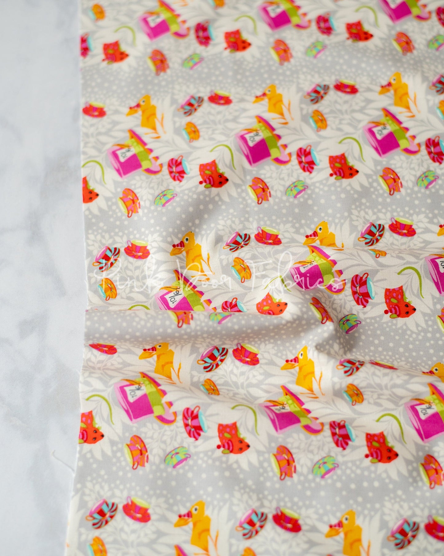 Cotton quilting fabric pattern called '6pm Somewhere in Wonder'. Part of the 'Curiouser & Curiouser' fabric collection. Designed by Tula Pink for fabric company Free Spirit Fabrics. SKU: PWTP165.WONDER. 44-45 inch width.