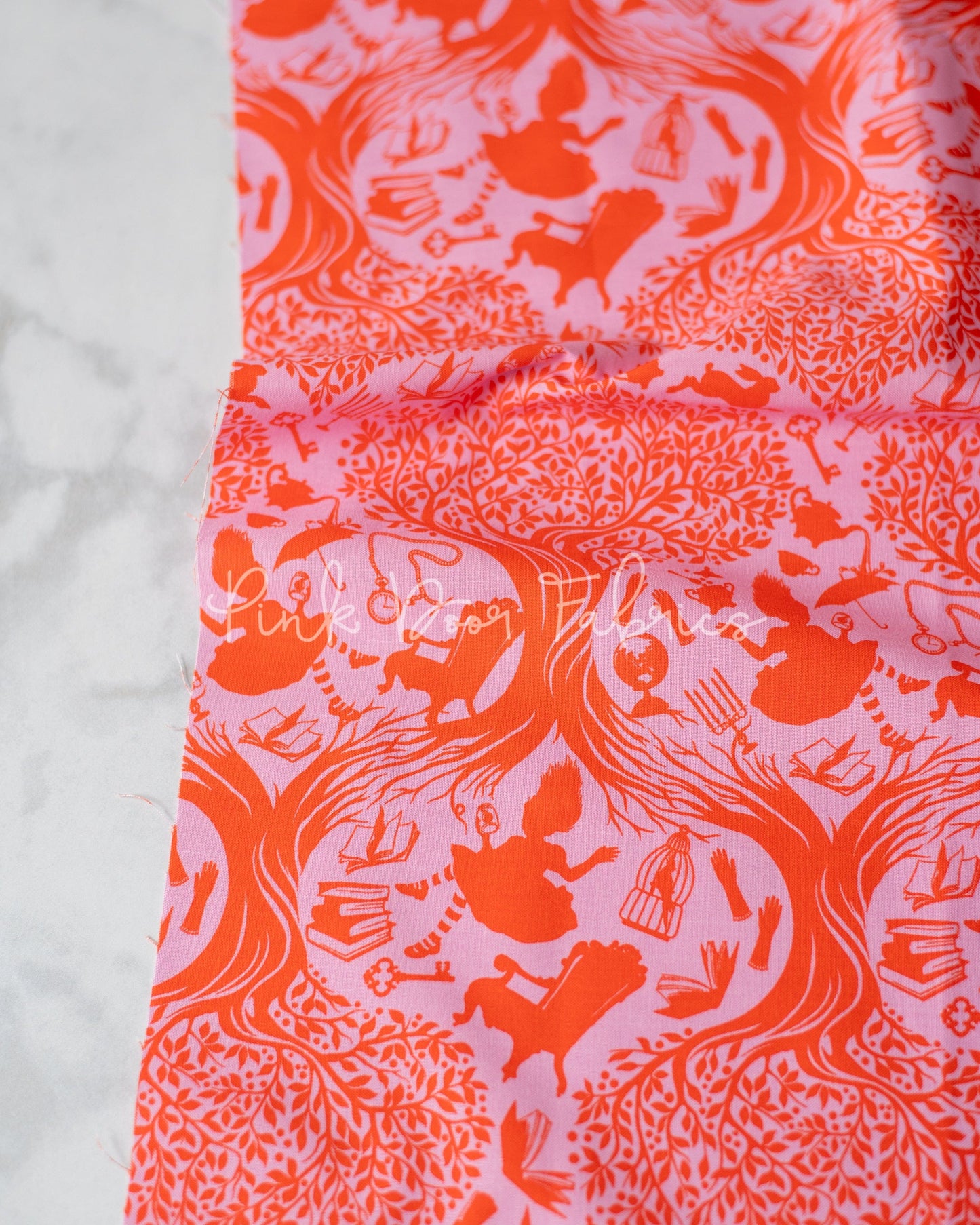 Cotton quilting fabric pattern called 'Down the Rabbit Hole in Wonder'. Part of the 'Curiouser & Curiouser' fabric collection. Designed by Tula Pink for fabric company Free Spirit Fabrics. SKU: PWTP166.WONDER. 44-45 inch width.