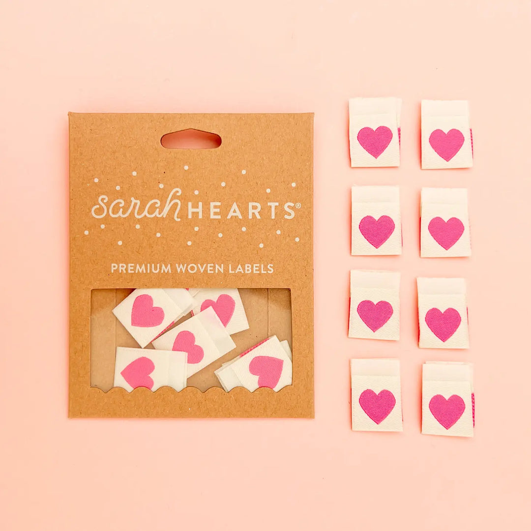 Sarah Hearts - Pink Hearts - Sewing Woven Clothing Label Tags - SHLP150