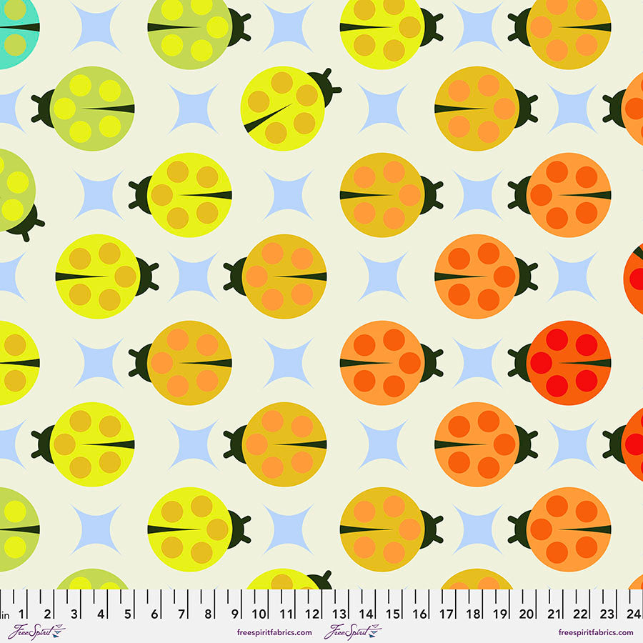 Cotton quilting fabric pattern called 'Lady Luck in Glow 108" Wideback Sateen'. Part of the 'Tiny Beasts' fabric collection. Designed by Tula Pink for fabric company Free Spirit Fabrics. SKU: QBTP008.GLOW. 44-45 inch width.