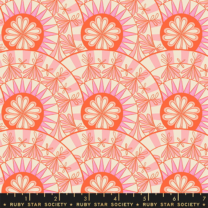 Cotton quilting fabric pattern called 'Hibiscus in Balmy'. Part of the 'Camellia' fabric collection. Designed by Melody Miller for fabric company Moda Fabrics. SKU: RS0031-11. 44-45 inch width.