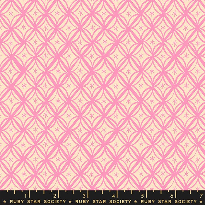 Cotton quilting fabric pattern called 'Macrame in Flamingo'. Part of the 'Camellia' fabric collection. Designed by Melody Miller for fabric company Moda Fabrics. SKU: RS0034-12. 44-45 inch width.