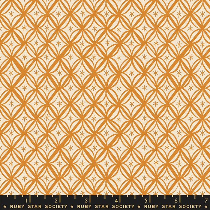Cotton quilting fabric pattern called 'Macrame in Caramel'. Part of the 'Camellia' fabric collection. Designed by Melody Miller for fabric company Moda Fabrics. SKU: RS0034-14. 44-45 inch width.