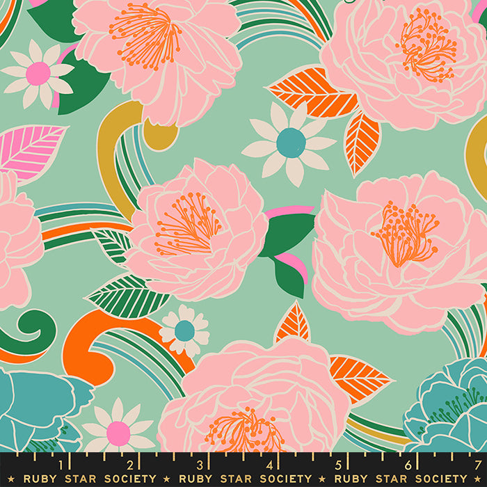 Cotton quilting fabric pattern called 'Efflorescent in Moss'. Part of the 'Curio' fabric collection. Designed by Melody Miller for fabric company Moda Fabrics. SKU: R0058 13. 44-45 inch width.