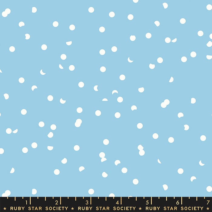 Cotton quilting fabric pattern called 'Hole Punch Dots in Hydrangea'. Part of the 'Petunia' fabric collection. Designed by Ruby Star Society for fabric company Moda Fabrics. SKU: RS3025 43. 44-45 inch width.