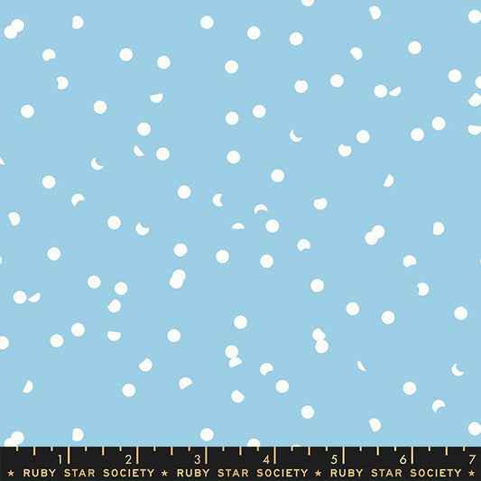 Cotton quilting fabric pattern called 'Hole Punch Dots in Hydrangea'. Part of the 'Petunia' fabric collection. Designed by Ruby Star Society for fabric company Moda Fabrics. SKU: RS3025 43. 44-45 inch width.