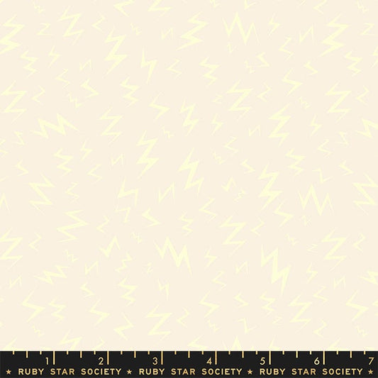 Cotton quilting fabric pattern called 'Lightning in Glow in the Dark'. Part of the 'Tiny Frights' fabric collection. Designed by Ruby Star Society for fabric company Moda Fabrics. SKU: RS5116 12G. 44-45 inch width.