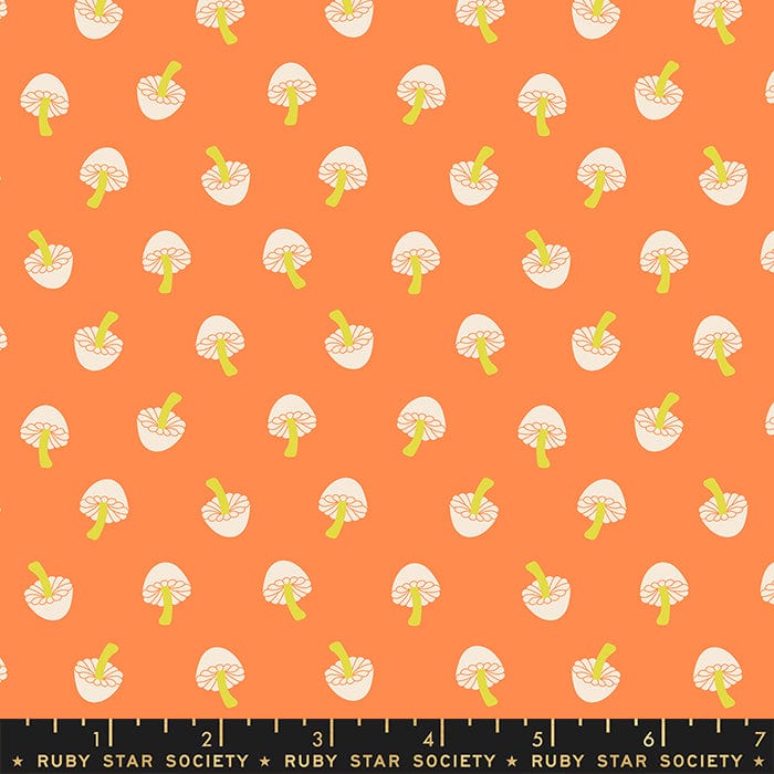 Cotton quilting fabric pattern called 'Tiny Mushrooms in Pumpkin'. Part of the 'Tiny Frights' fabric collection. Designed by Ruby Star Society for fabric company Moda Fabrics. SKU: RS5118 13. 44-45 inch width.