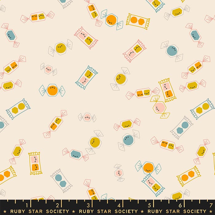 Cotton quilting fabric pattern called 'Tossed Candy in Natural'. Part of the 'Tiny Frights' fabric collection. Designed by Ruby Star Society for fabric company Moda Fabrics. SKU: RS5124 11. 44-45 inch width.