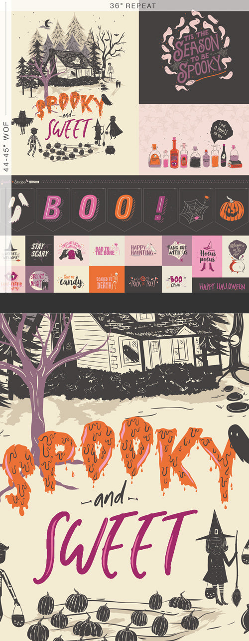 Cotton quilting fabric pattern called 'Spooky Season Panel'. Part of the 'Sweet 'N Spookier' fabric collection. Designed by AGF Studio for fabric company Art Gallery Fabrics. SKU: SNS-13041. 44-45 inch width.