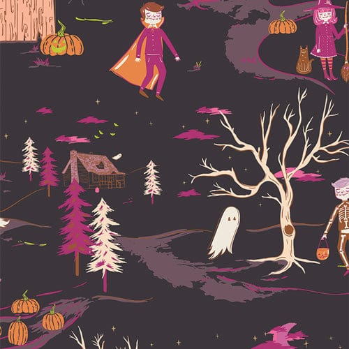 Cotton quilting fabric pattern called 'Peppermint's Tale in Twilight'. Part of the 'Spooky 'N Witchy' fabric collection. Designed by AGF Studio for fabric company Art Gallery Fabrics. SKU: SNS-13042. 44-45 inch width.