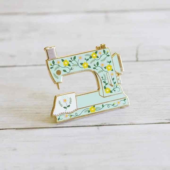 The Gray Muse - Floral Sewing Machine - Interactive Enamel Pin - Turquoise
