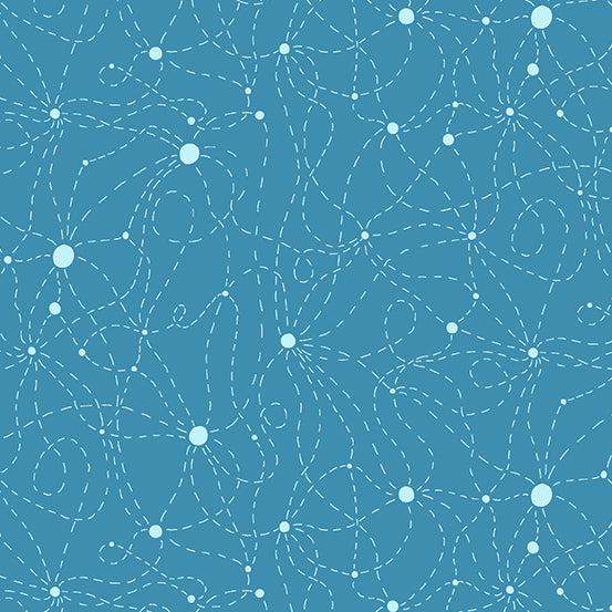Cotton quilting fabric pattern called 'Flight Path in Water'. Part of the 'Skygazing' fabric collection. Designed by Giucy Giuce for fabric company Andover Fabrics. SKU: A-437-B. 44-45 inch width.