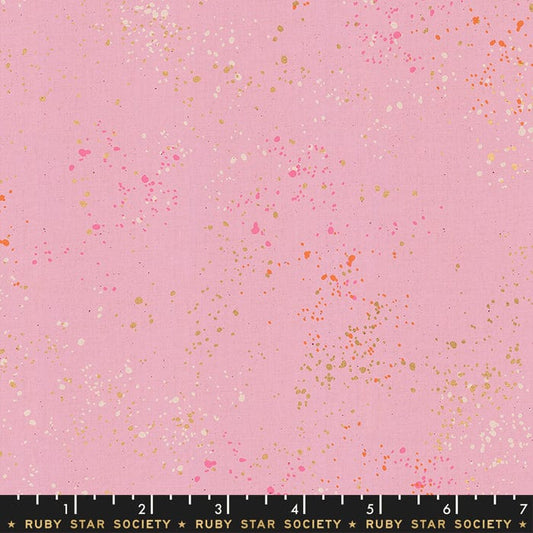 Cotton quilting fabric pattern called 'Peony'. Part of the 'Speckled Metallic' fabric collection. Designed by Ruby Star Society for fabric company Moda Fabrics. SKU: RS5027 67M. 44-45 inch width.