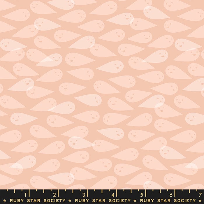 Cotton quilting fabric pattern called 'Ghosties in Peach Blossom'. Part of the 'Spooky Darlings' fabric collection. Designed by Ruby Star Society for fabric company Moda Fabrics. SKU: RS5079 13. 44-45 inch width.