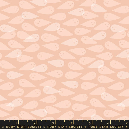 Cotton quilting fabric pattern called 'Ghosties in Peach Blossom'. Part of the 'Spooky Darlings' fabric collection. Designed by Ruby Star Society for fabric company Moda Fabrics. SKU: RS5079 13. 44-45 inch width.