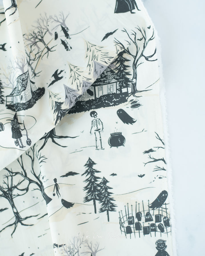 Cotton quilting fabric pattern called 'Happy Haunting'. Part of the 'Sweet 'N Spookier' fabric collection. Designed by AGF Studio for fabric company Art Gallery Fabrics. SKU: SNS-13029. 44-45 inch width.