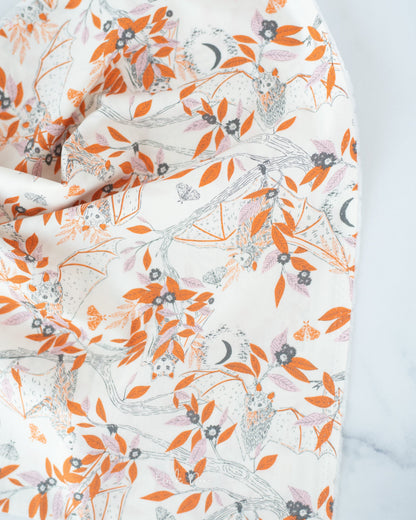 Cotton quilting fabric pattern called 'Batty Hangout'. Part of the 'Sweet 'N Spookier' fabric collection. Designed by AGF Studio for fabric company Art Gallery Fabrics. SKU: SNS-13033. 44-45 inch width.
