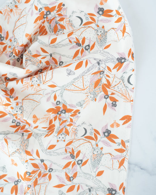 Cotton quilting fabric pattern called 'Batty Hangout'. Part of the 'Sweet 'N Spookier' fabric collection. Designed by AGF Studio for fabric company Art Gallery Fabrics. SKU: SNS-13033. 44-45 inch width.
