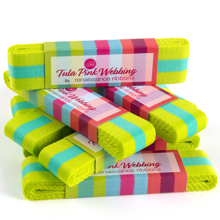 Renaissance Ribbons - Tula Pink Webbing - Tula Pink Webbing in Lime and Turquoise - TK-90 38mm col 4 - Two Yard Pack