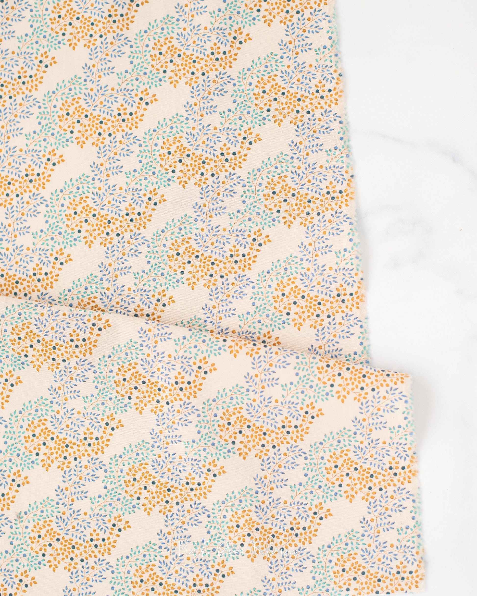 Cotton quilting fabric pattern called 'Berrytangle Blue'. Part of the 'Hometown' fabric collection. Designed by Tilda Fabrics for fabric company Tilda Fabrics. SKU: 100469. 44-45 inch width.