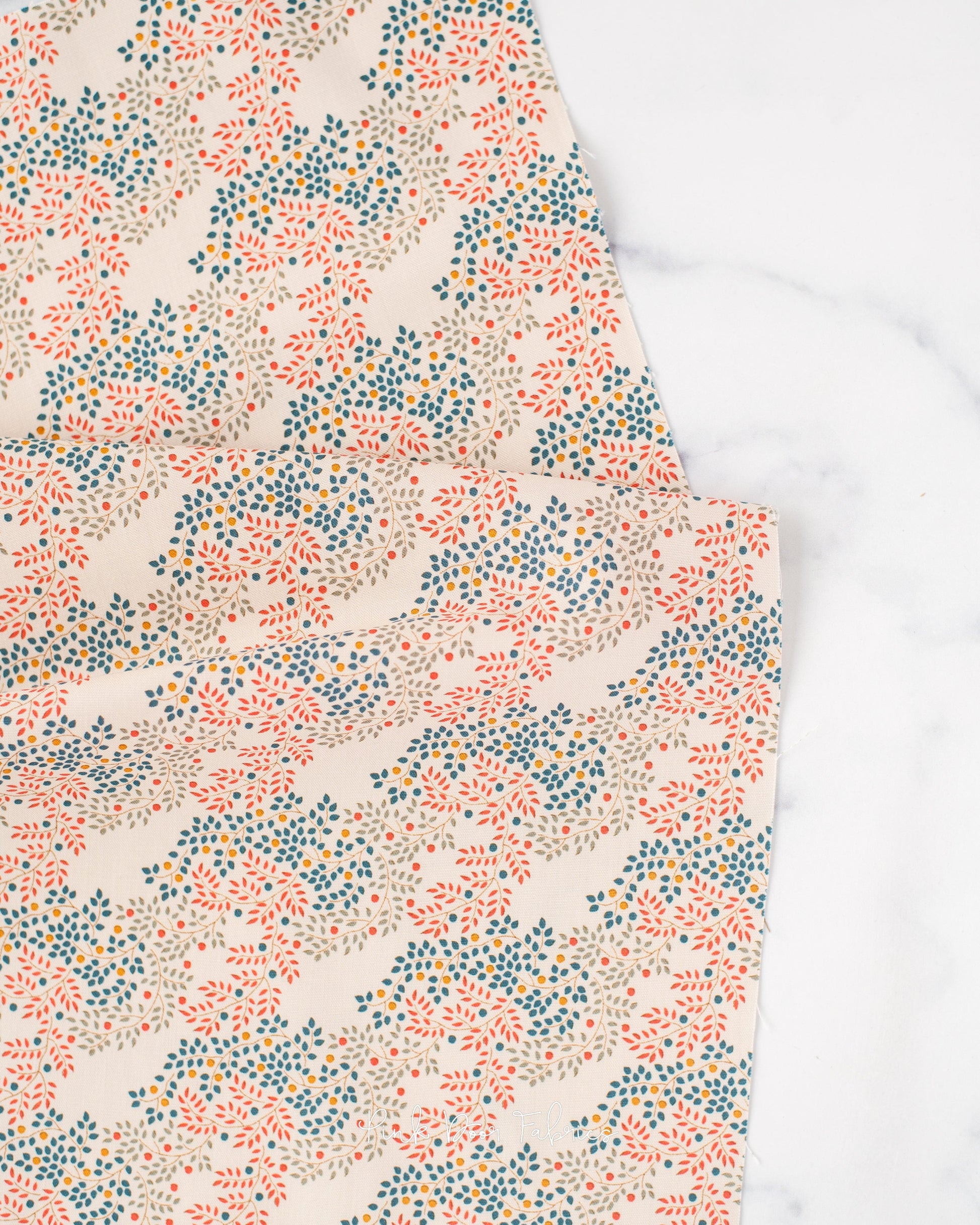 Cotton quilting fabric pattern called 'Berrytangle Rust'. Part of the 'Hometown' fabric collection. Designed by Tilda Fabrics for fabric company Tilda Fabrics. SKU: 100462. 44-45 inch width.