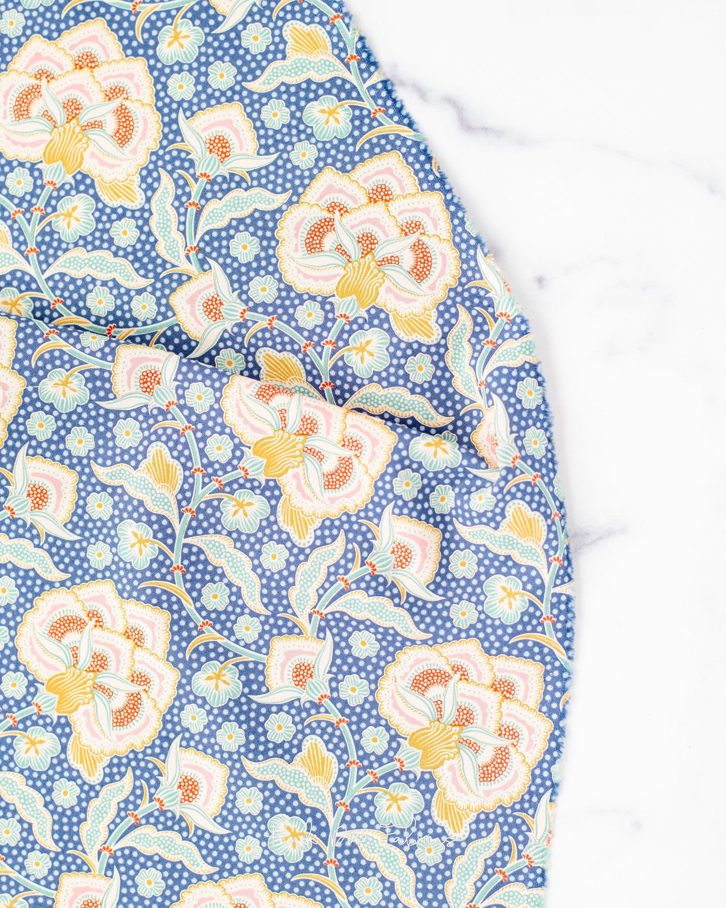 Cotton quilting fabric pattern called 'Eden Blue'. Part of the 'Hometown' fabric collection. Designed by Tilda Fabrics for fabric company Tilda Fabrics. SKU: 100470. 44-45 inch width.