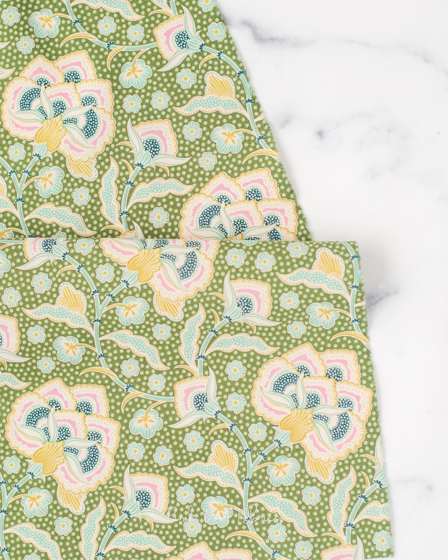 Cotton quilting fabric pattern called 'Eden Moss'. Part of the 'Hometown' fabric collection. Designed by Tilda Fabrics for fabric company Tilda Fabrics. SKU: 100476. 44-45 inch width.