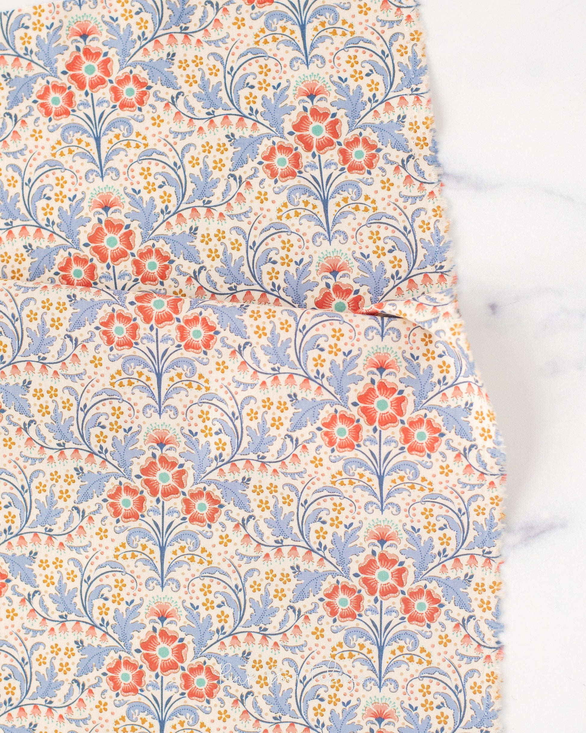 Cotton quilting fabric pattern called 'Elanora Blue'. Part of the 'Hometown' fabric collection. Designed by Tilda Fabrics for fabric company Tilda Fabrics. SKU: 100467. 44-45 inch width.