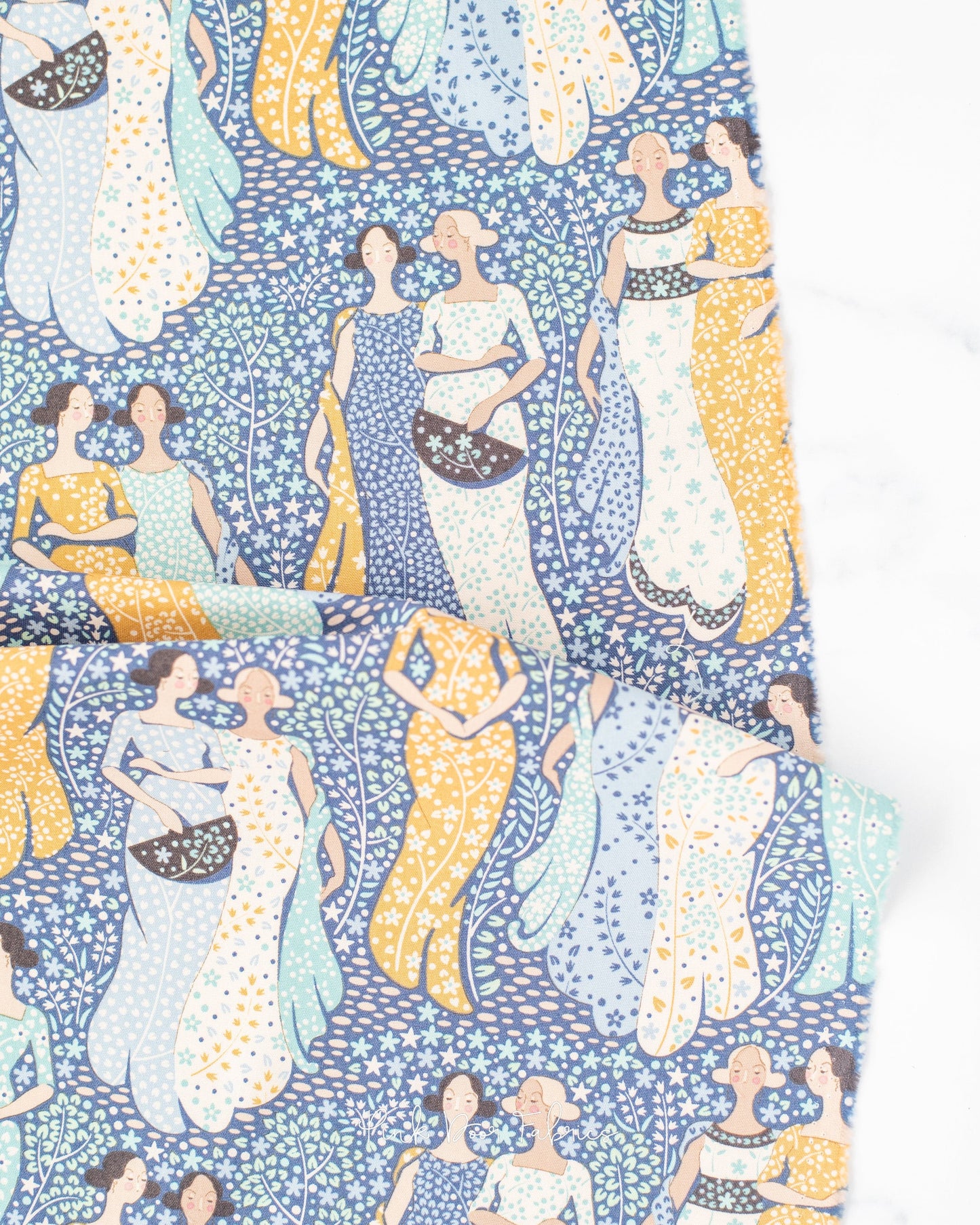 Cotton quilting fabric pattern called 'Friendly Gathering Blue'. Part of the 'Hometown' fabric collection. Designed by Tilda Fabrics for fabric company Tilda Fabrics. SKU: 100466. 44-45 inch width.