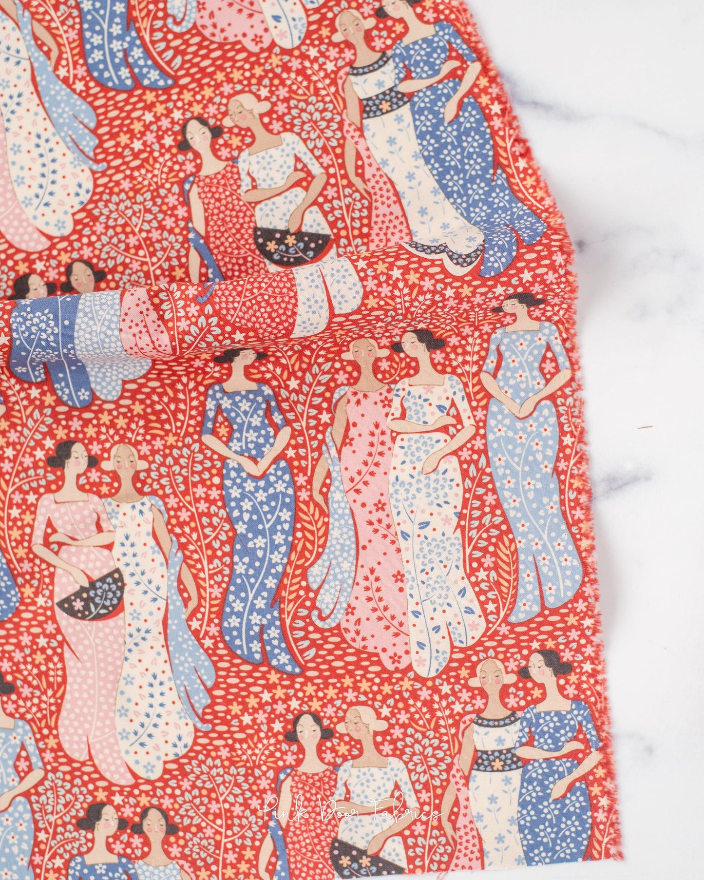 Cotton quilting fabric pattern called 'Friendly Gathering Rust'. Part of the 'Hometown' fabric collection. Designed by Tilda Fabrics for fabric company Tilda Fabrics. SKU: 100463. 44-45 inch width.