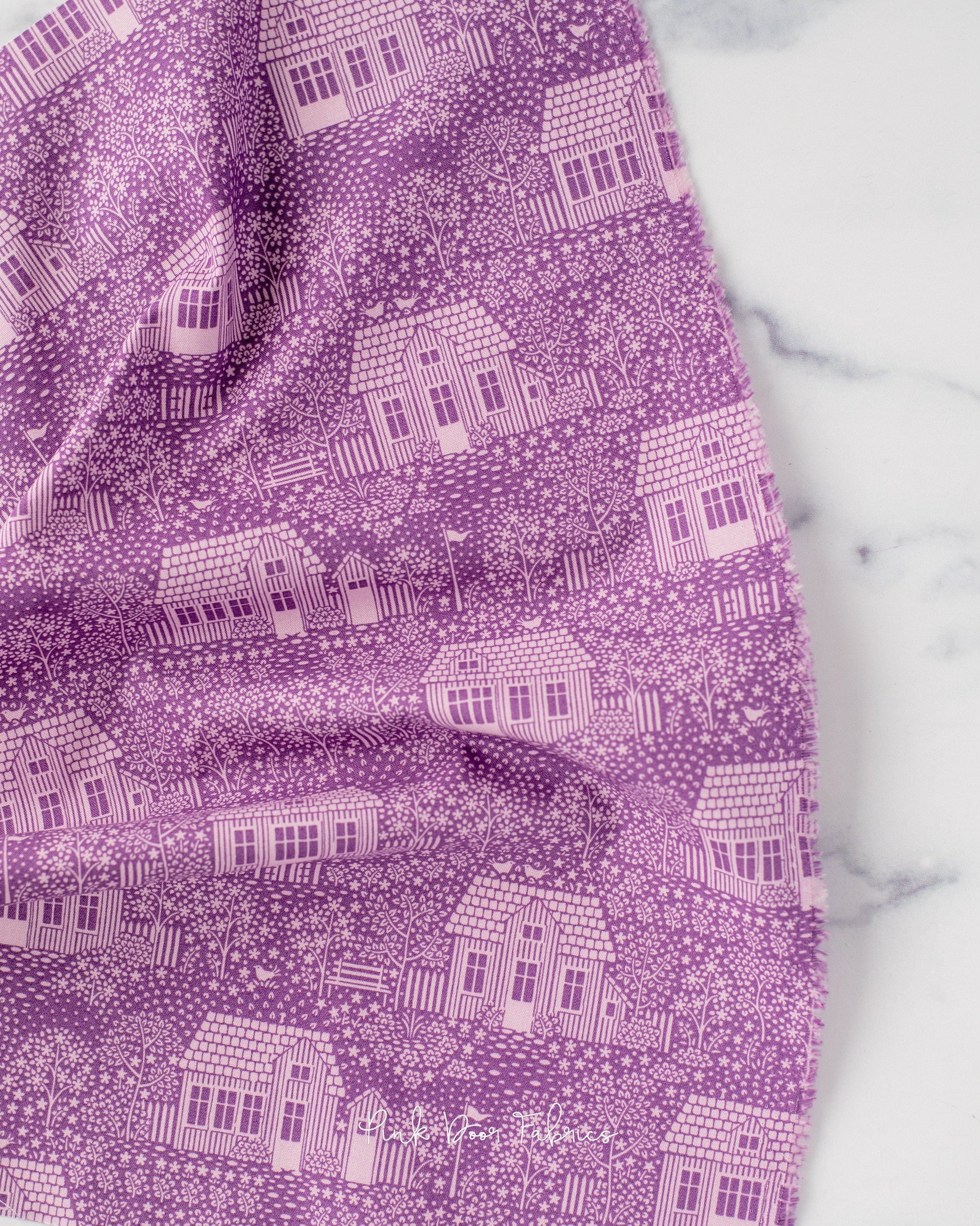 Cotton quilting fabric pattern called 'My Neighborhood Lilac'. Part of the 'Hometown' fabric collection. Designed by Tilda Fabrics for fabric company Tilda Fabrics. SKU: 110062. 44-45 inch width.