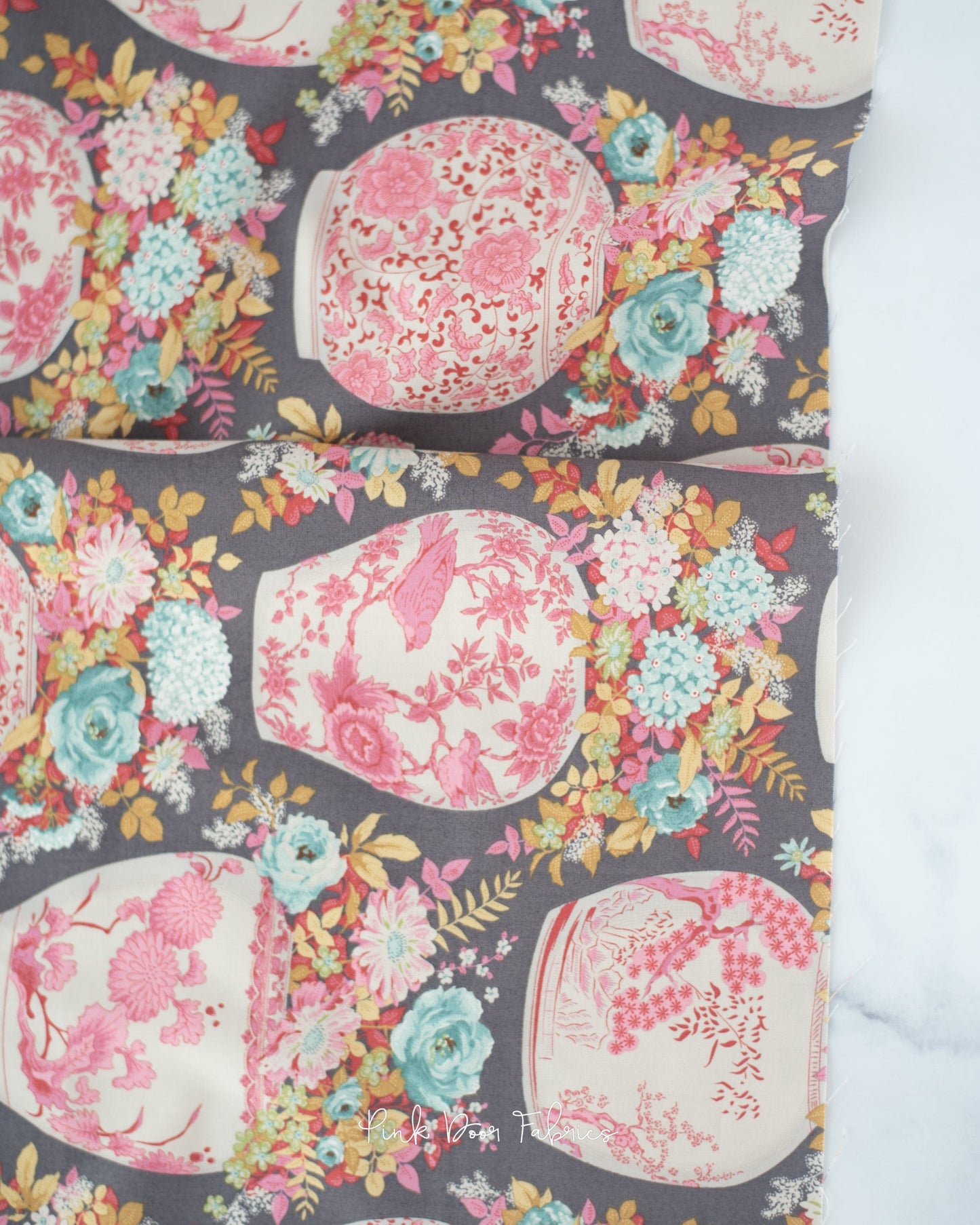 Cotton quilting fabric pattern called 'Flowervase in Grey'. Part of the 'Chic Escape' fabric collection. Designed by Tilda Fabrics for fabric company Tilda Fabrics. SKU: 100452. 44-45 inch width.