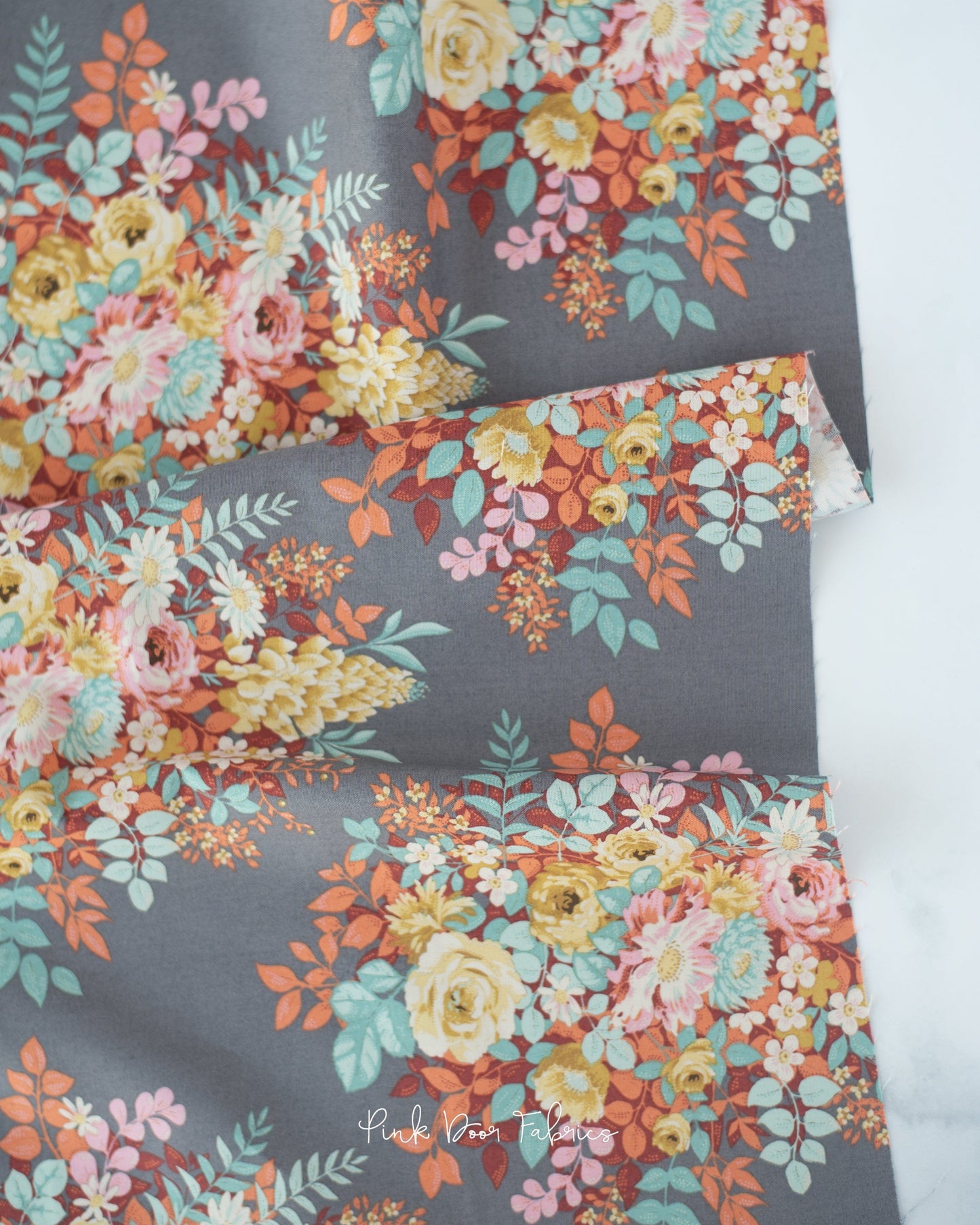 Cotton quilting fabric pattern called 'Whimsyflower in Grey'. Part of the 'Chic Escape' fabric collection. Designed by Tilda Fabrics for fabric company Tilda Fabrics. SKU: 100451. 44-45 inch width.