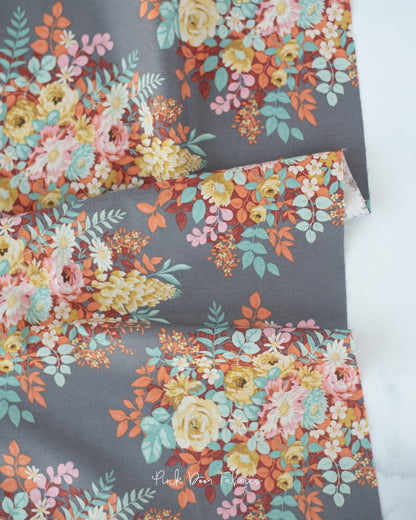 Cotton quilting fabric pattern called 'Whimsyflower in Grey'. Part of the 'Chic Escape' fabric collection. Designed by Tilda Fabrics for fabric company Tilda Fabrics. SKU: 100451. 44-45 inch width.