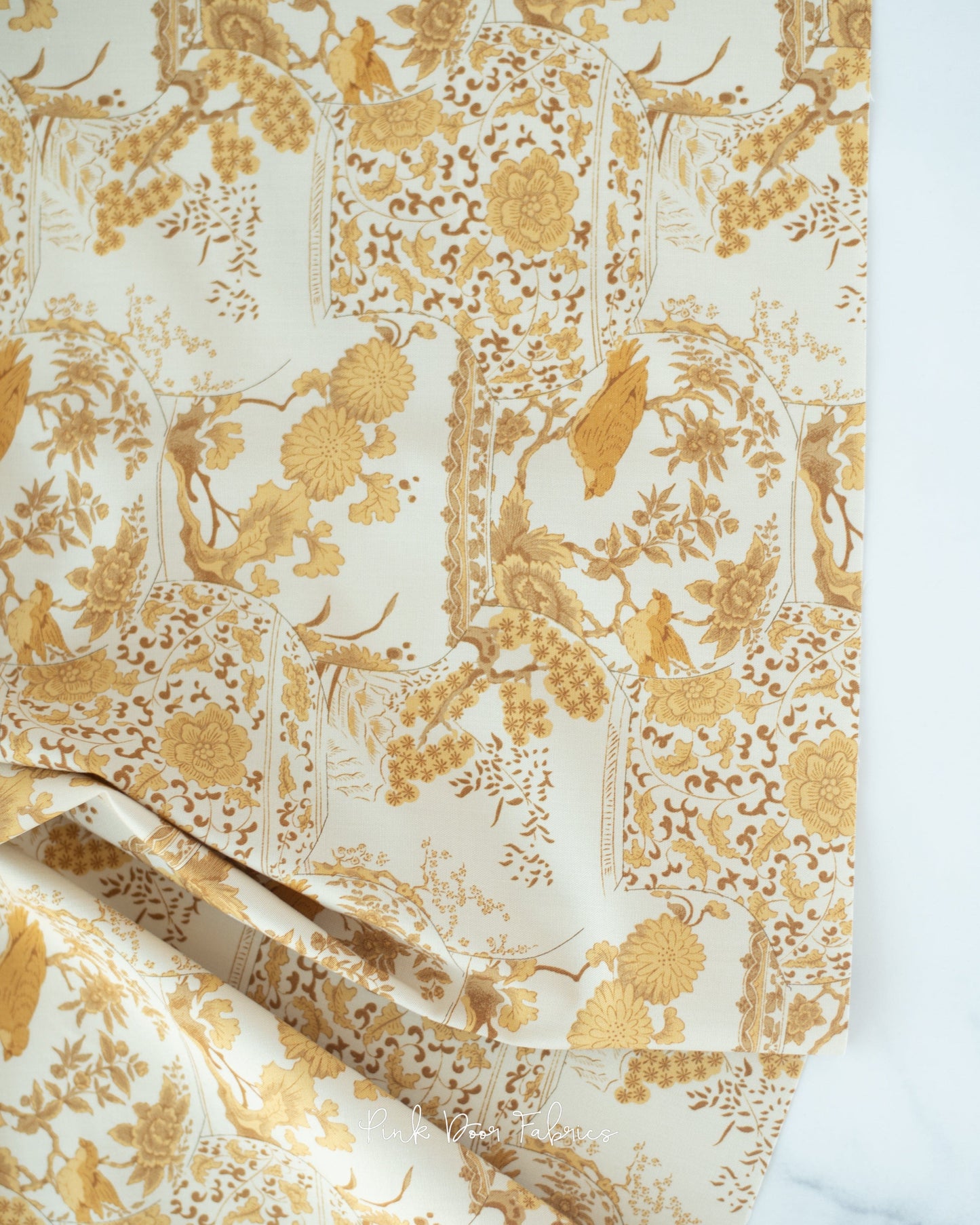 Cotton quilting fabric pattern called 'Vase Collection in Mustard'. Part of the 'Chic Escape' fabric collection. Designed by Tilda Fabrics for fabric company Tilda Fabrics. SKU: 100453. 44-45 inch width.