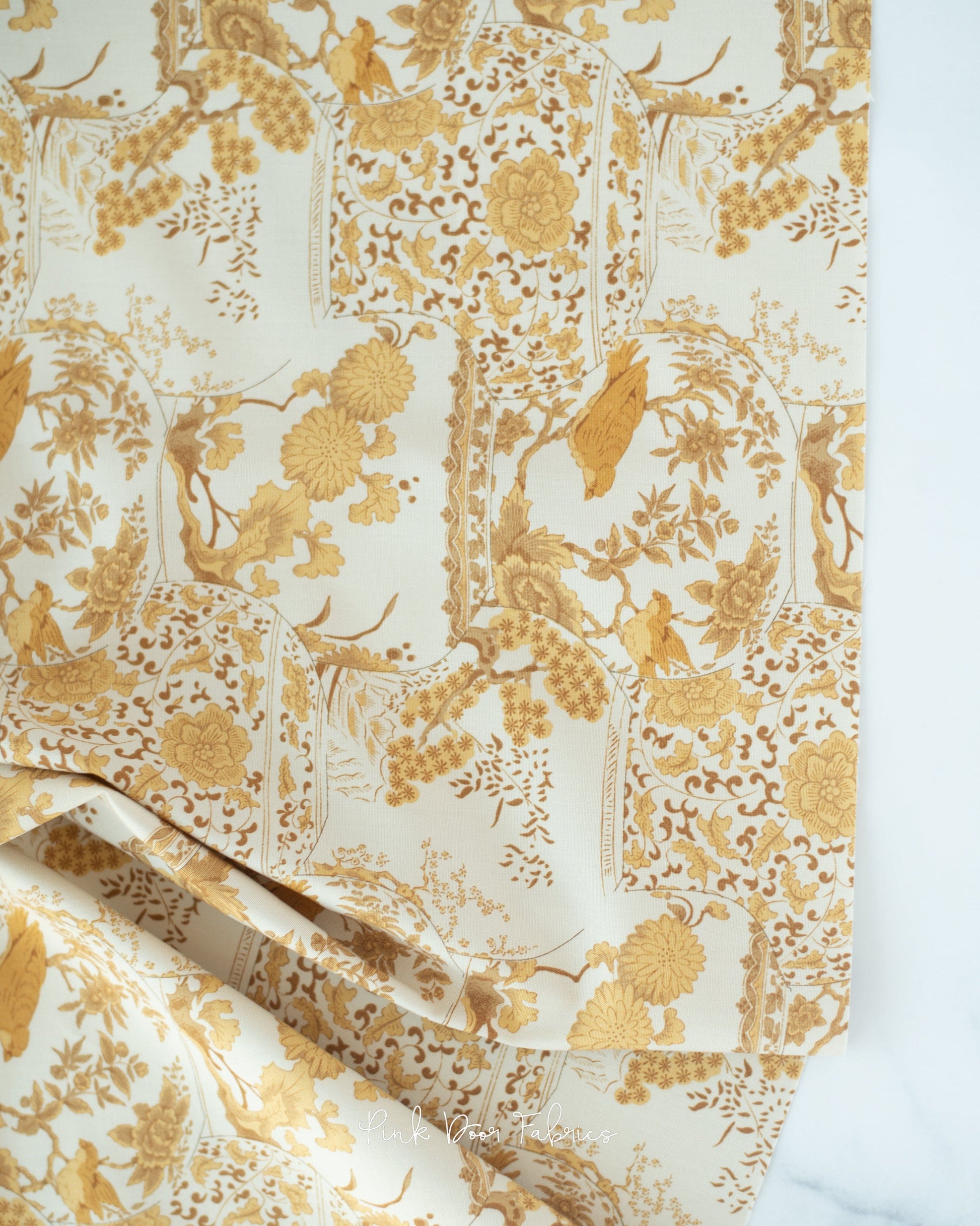 Cotton quilting fabric pattern called 'Vase Collection in Mustard'. Part of the 'Chic Escape' fabric collection. Designed by Tilda Fabrics for fabric company Tilda Fabrics. SKU: 100453. 44-45 inch width.