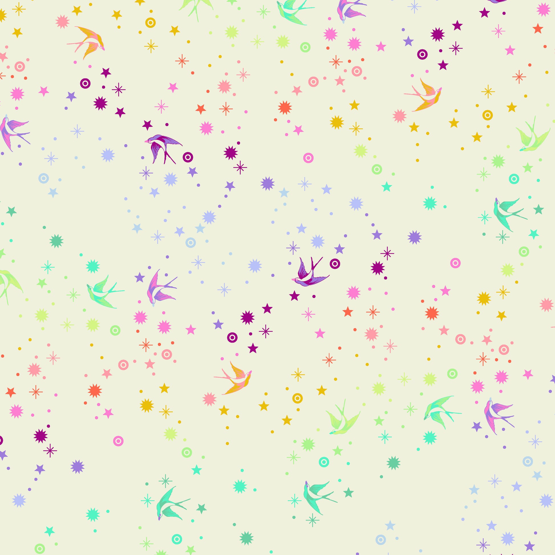 Cotton quilting fabric pattern called 'Fairy Dust in Cotton Candy'. Part of the 'True Colors' fabric collection. Designed by Tula Pink for fabric company Free Spirit Fabrics. SKU: PWTP133.COTTON. 44-45 inch width.