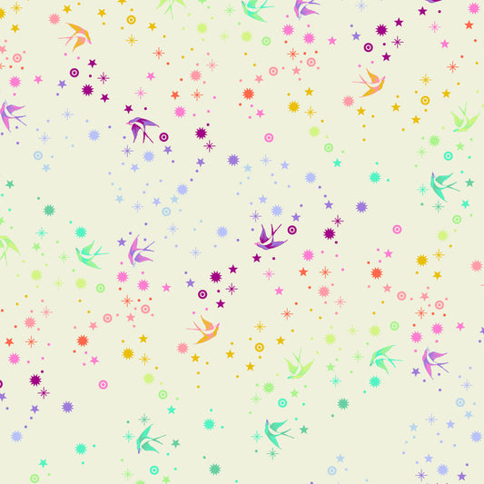 Cotton quilting fabric pattern called 'Fairy Dust in Cotton Candy'. Part of the 'True Colors' fabric collection. Designed by Tula Pink for fabric company Free Spirit Fabrics. SKU: PWTP133.COTTON. 44-45 inch width.