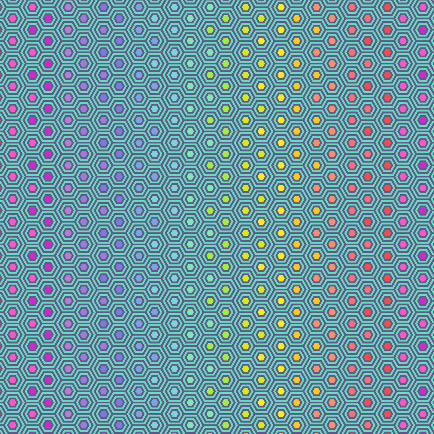 Cotton quilting fabric pattern called 'Hexy in Peacock'. Part of the 'True Colors' fabric collection. Designed by Tula Pink for fabric company Free Spirit Fabrics. SKU: PWTP151.PEACOCK. 44-45 inch width.