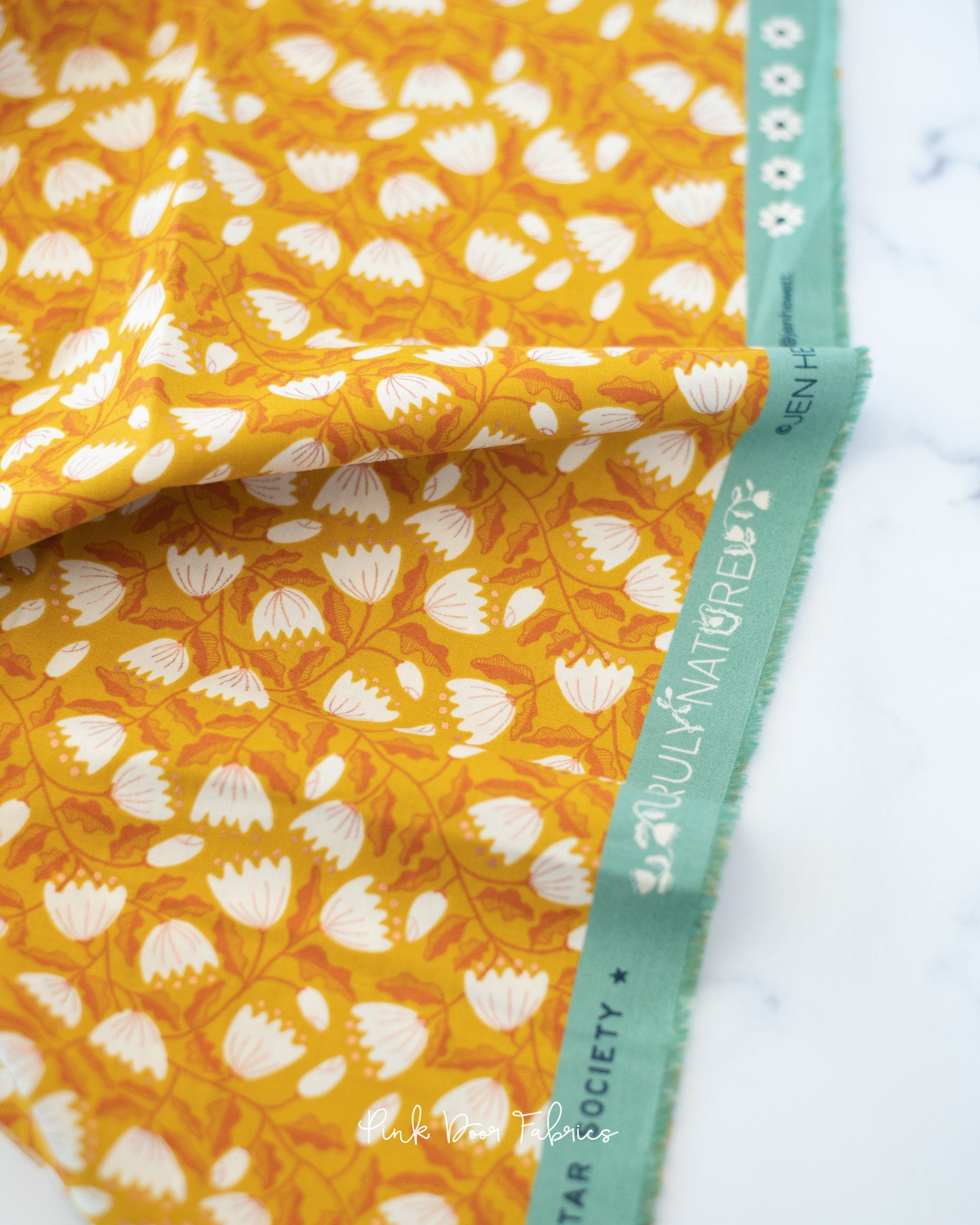 Cotton quilting fabric pattern called 'Cup & Saucer in Cactus'. Part of the 'Unruly Nature' fabric collection. Designed by Jen Hewett for fabric company Moda Fabrics. SKU: RS6010 12M. 44-45 inch width.