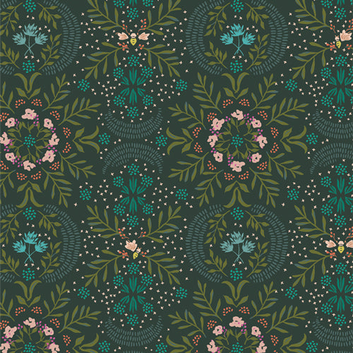 Cotton quilting fabric pattern called 'Firefly in Slumber'. Part of the 'Velvet' fabric collection. Designed by Amy Sinibaldi for fabric company Art Gallery Fabrics. SKU: VLV-59650. 44-45 inch width.