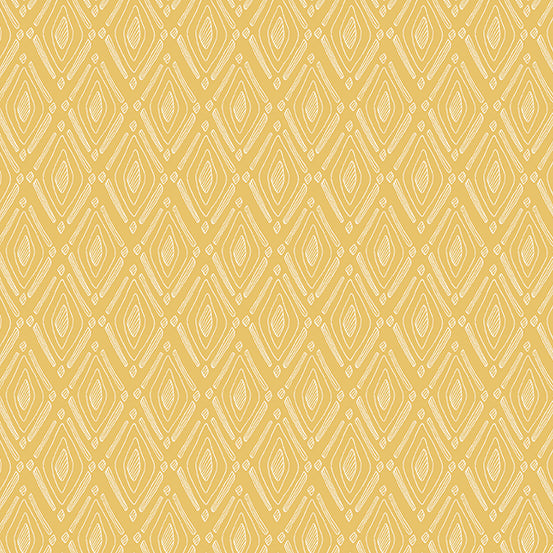 Cotton quilting fabric pattern called 'Bliss in Yellow'. Part of the 'Wandering' fabric collection. Designed by Stephanie Organes for fabric company Andover Fabrics. SKU: A-765-Y. 44-45 inch width.