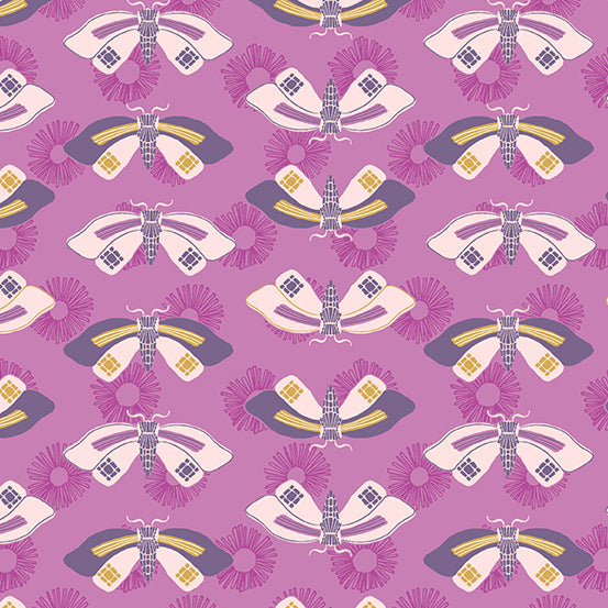 Cotton quilting fabric pattern called 'Butterflies in Orchid'. Part of the 'Wandering' fabric collection. Designed by Stephanie Organes for fabric company Andover Fabrics. SKU: A-761-P. 44-45 inch width.