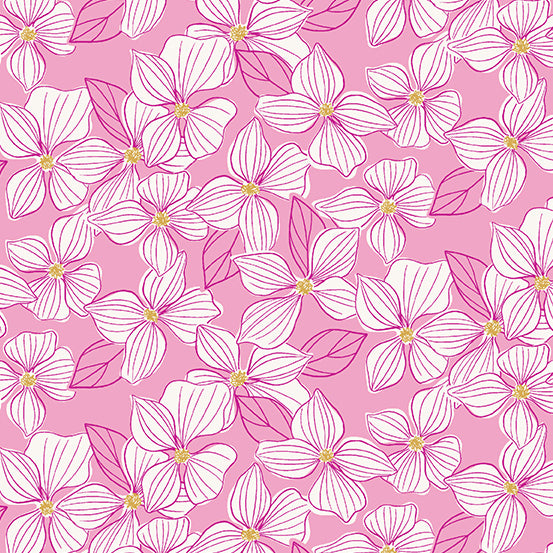 Cotton quilting fabric pattern called 'Daydream Blossom in Pink'. Part of the 'Wandering' fabric collection. Designed by Stephanie Organes for fabric company Andover Fabrics. SKU: A-760-E. 44-45 inch width.