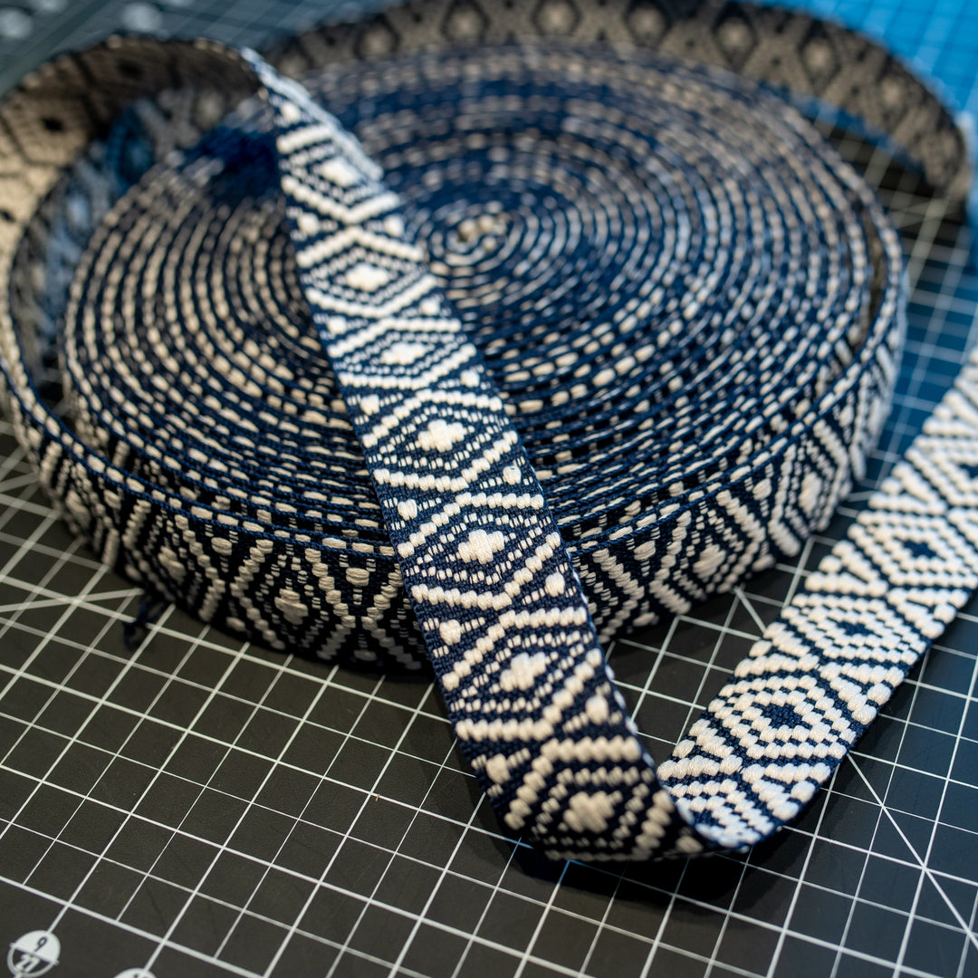 Embroidered Ribbon / Webbing - Navy Jacquard - One Yard