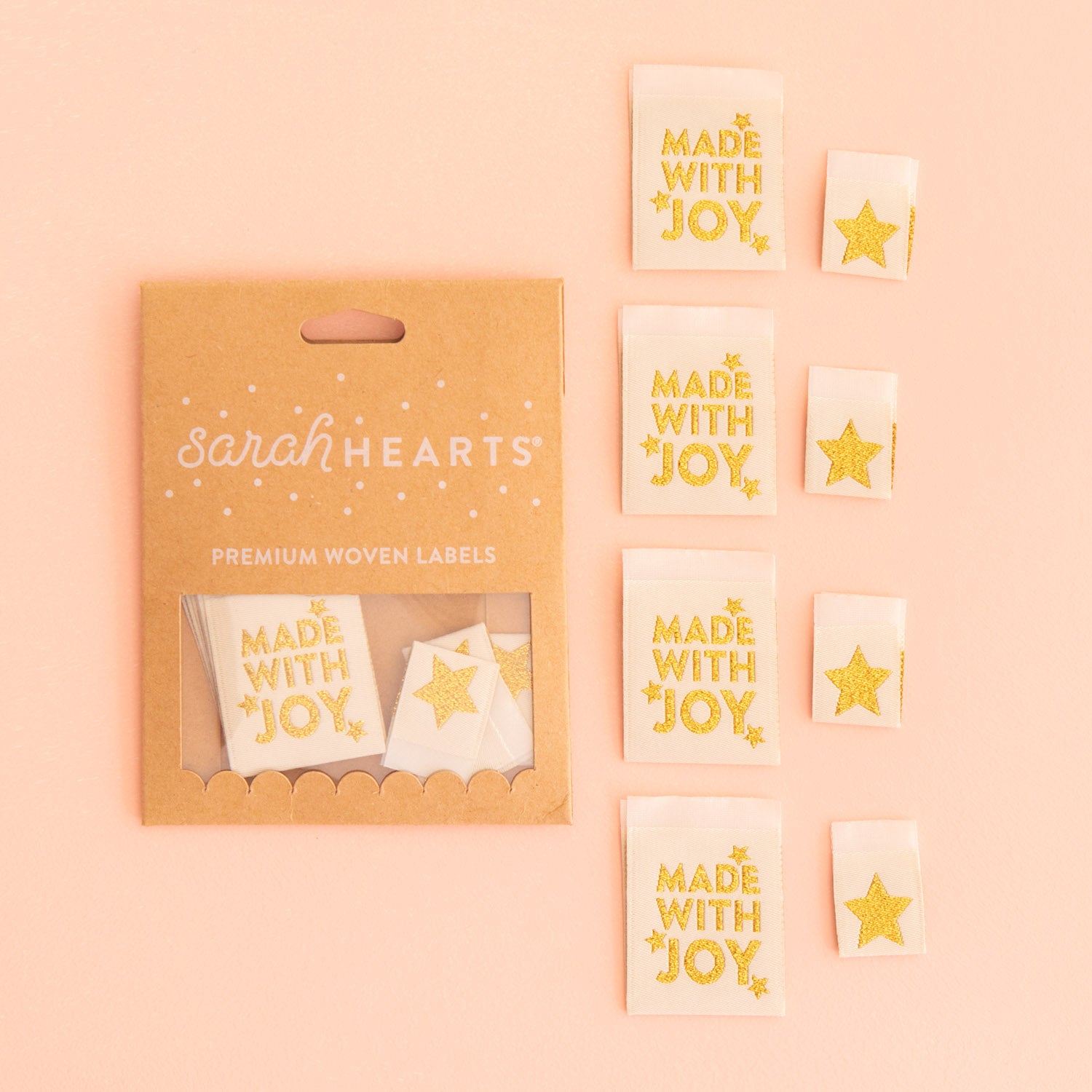 Sarah Hearts - Made with Joy Gold - Sewing Woven Clothing Label Tags - SH070610