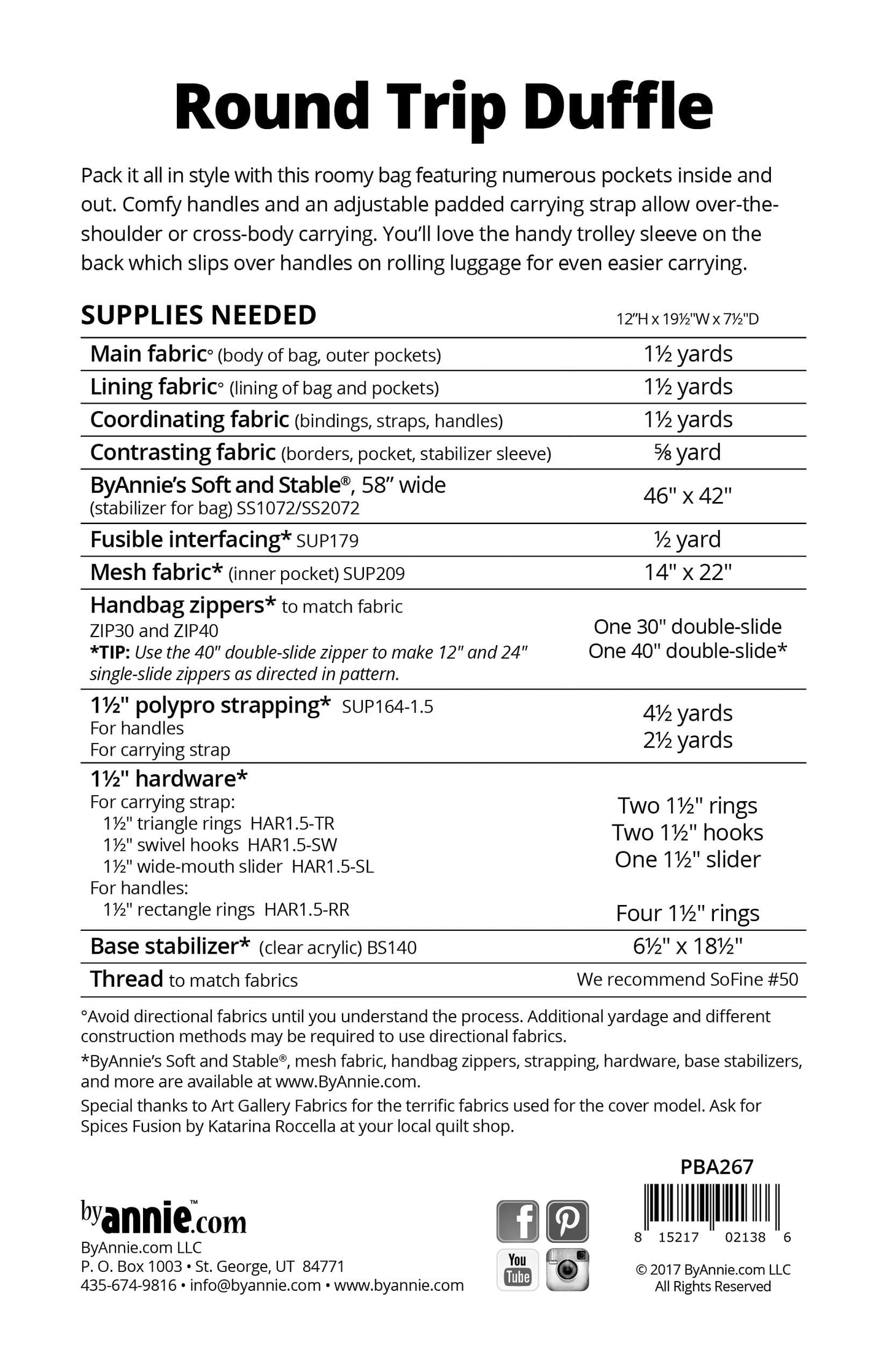 Round Trip Duffle - Patterns by Annie - Paper Pattern - PBA267