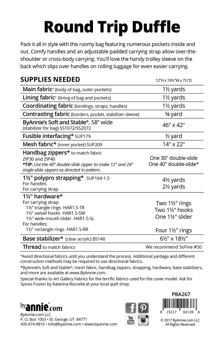 Round Trip Duffle - Patterns by Annie - Paper Pattern - PBA267
