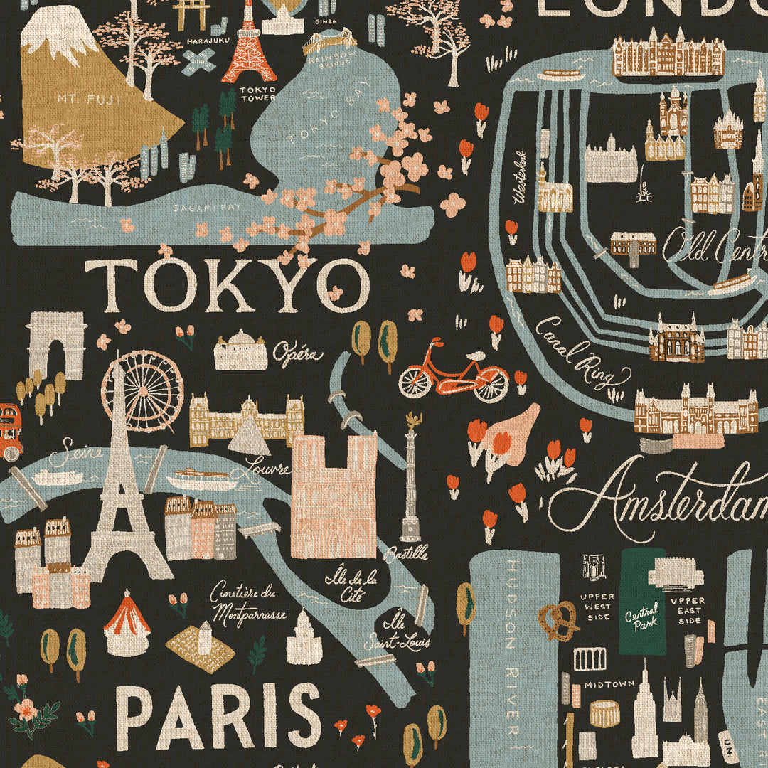 Bon Voyage - City Guide in Black CANVAS - Rifle Paper Co. - RP801-BK3UC - Half Yard